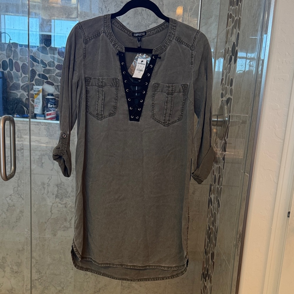 Express Charcoal Tunic with Button Accents